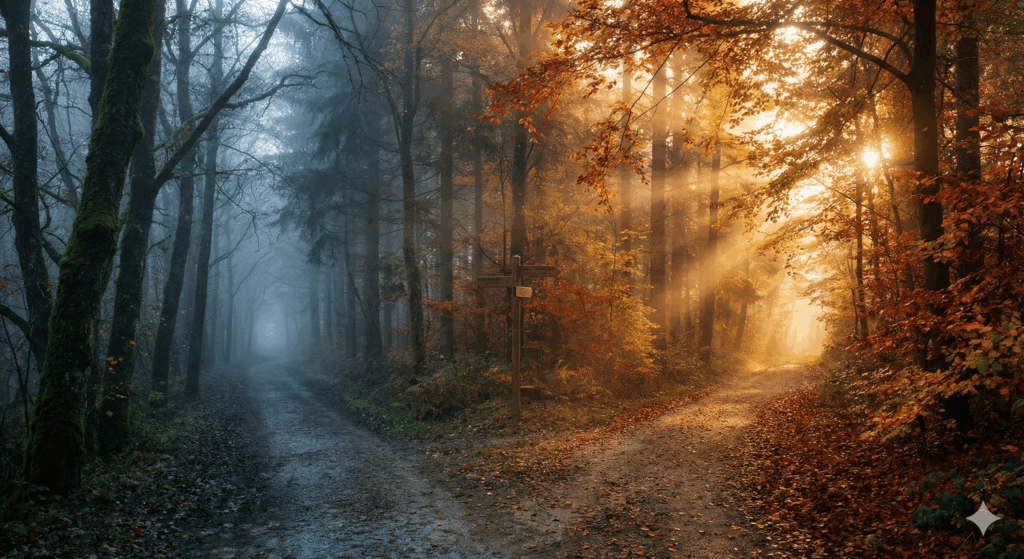 Carrefour de deux chemins en forêt, l'un plongé dans l'ombre et le brouillard, l'autre baigné d'une lumière dorée et chaude, feuillage dense, ambiance poétique et symbolique, photographie paysage artistique, couleurs automnales, lumière en contre-jour