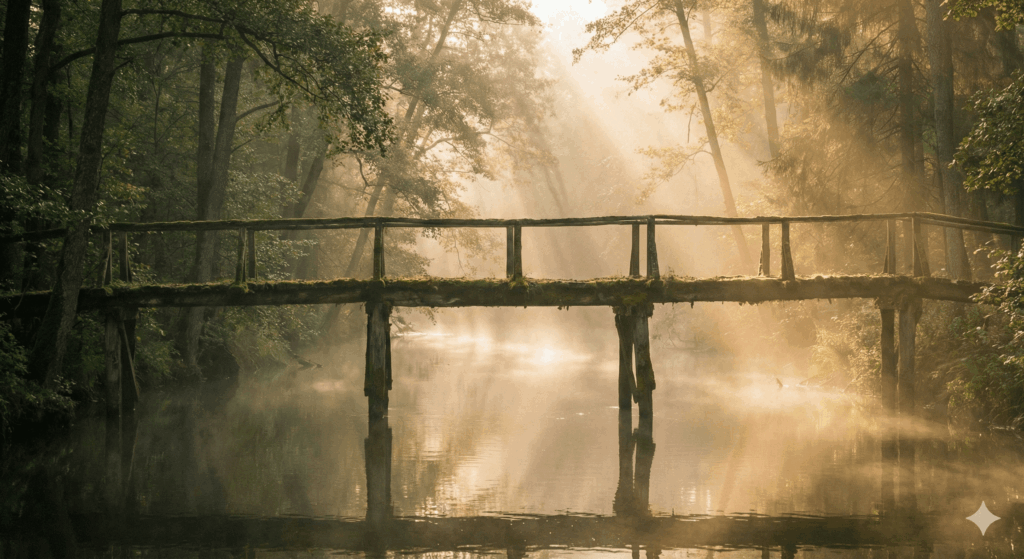 Petit pont en bois ancien enjambant une rivière brumeuse dans une forêt, lumière matinale dorée qui filtre à travers la brume, reflets dans l'eau, ambiance poétique et symbolique, photographie paysage artistique, tons vert, beige et or