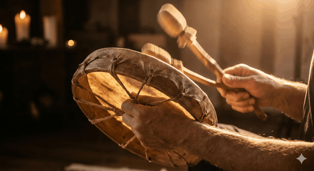 Gros plan de deux mains tenant un tambour chamanique artisanal, légèrement flou pour suggérer le mouvement et le rythme, lumière chaude dorée, fond sombre, ambiance sonore et méditative, photographie artistique en contre-jour, textures naturelles bois et peau visibles
