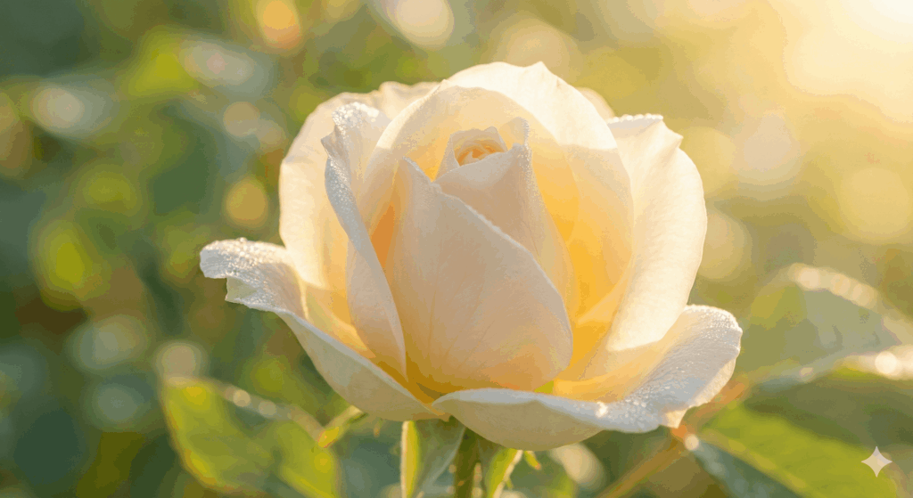 Gros plan d'une fleur blanche ou crème en train de s'ouvrir, pétales délicats rétroéclairés par une lumière dorée, quelques gouttes d'eau sur les pétales, fond flou vert tendre, photographie macro artistique, ambiance de renaissance et de douceur, haute résolution