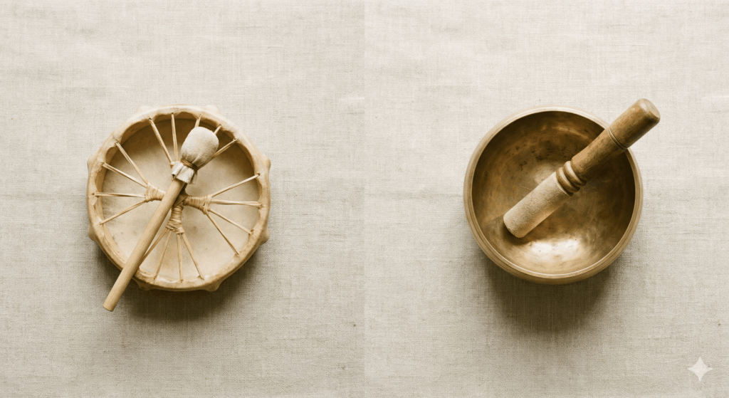 Composition symétrique et soignée : à gauche un petit tambour chamanique en bois, à droite un bol tibétain en métal doré, posés sur une surface en lin naturel, lumière naturelle douce et égale des deux côtés, photographie flat lay artistique comparatif, tons neutres beige et doré