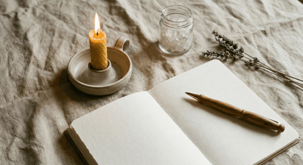 Bougie en cire naturelle allumée posée à côté d'un carnet ouvert à une page blanche et d'un stylo en bois, surface en lin beige, lumière chaude de la bougie qui éclaire la scène, ambiance de sérieux, de transparence et de bienveillance, photographie still life artistique, tons neutres chauds