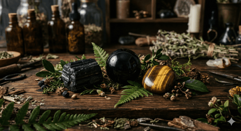 Photographie macro réaliste de pierre de protection contre la magie noire : une Tourmaline noire brute, une Obsidienne noire polie et un Œil de tigre chatoyant, posés sur un autel en bois sombre avec des feuilles de forêt fraîches, éclairage cinématographique tamisé, style herboriste mystique.