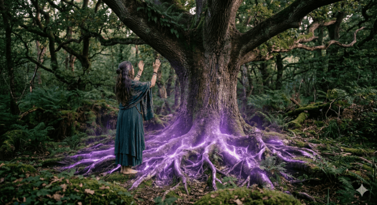 Scène spirituelle en forêt : une femme aux mains levées vers un arbre ancien dont les racines brillent d'une lumière améthyste, symbolisant la guérison des lignées ancestrales, style photographie d'art, atmosphère de paix et de connexion à la nature